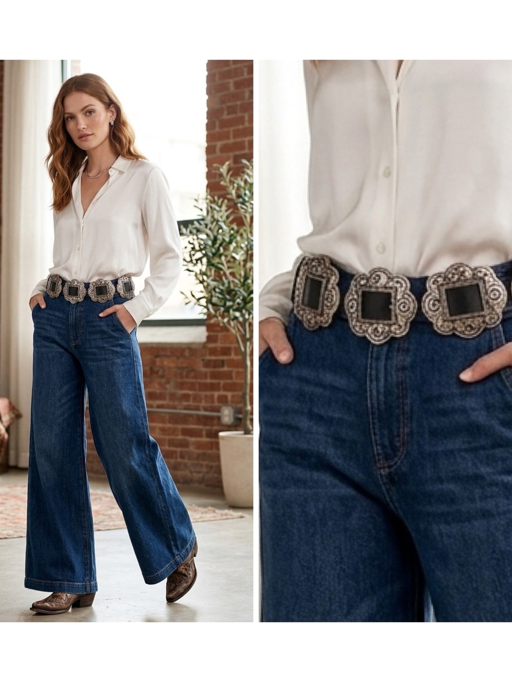 3D Vintage Western Ornate Silver Concho Leather Statement Festival Belt